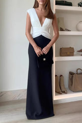 Sexy Solid Color Backless Ruched Contrast V Neck Long Dresses